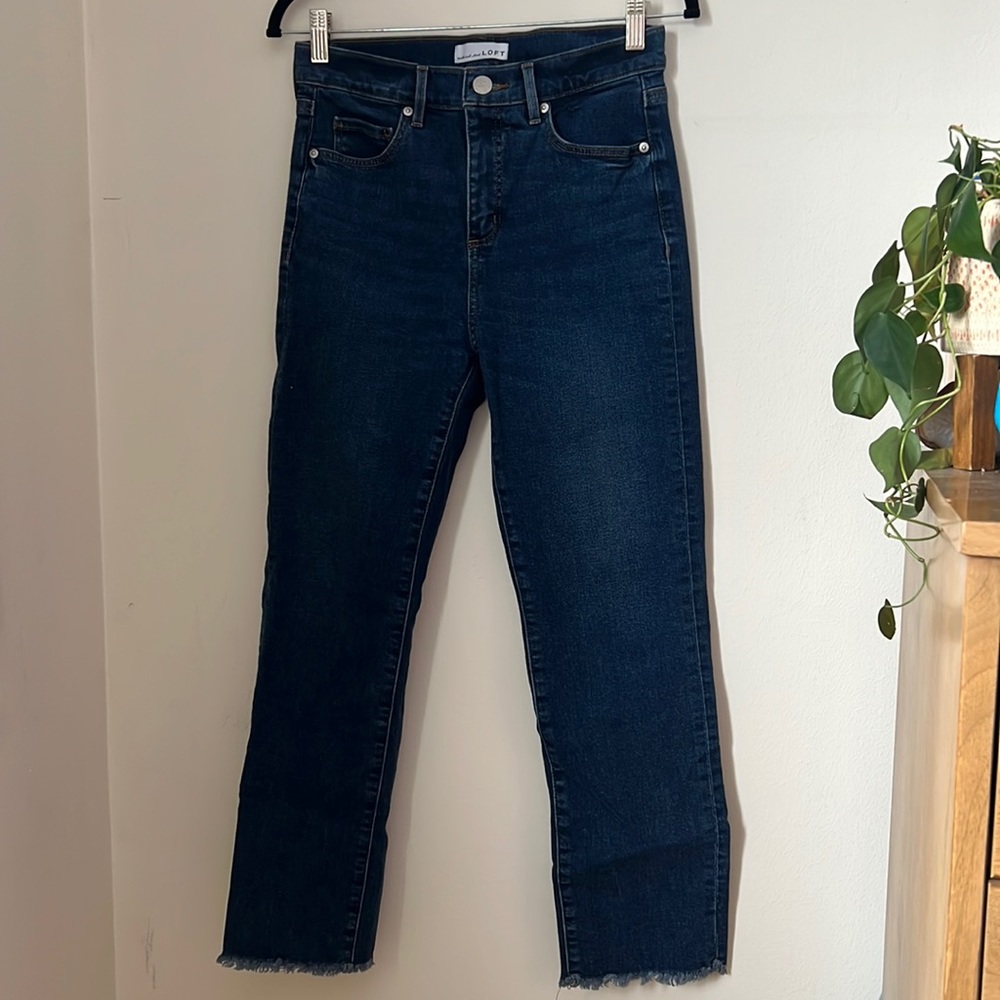 Loft High Waist Straight Denim Jeans with Raw Hem